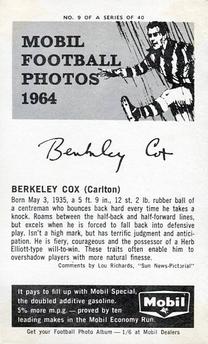 1964 Mobil Football Photos VFL #9 Berkley Cox Back